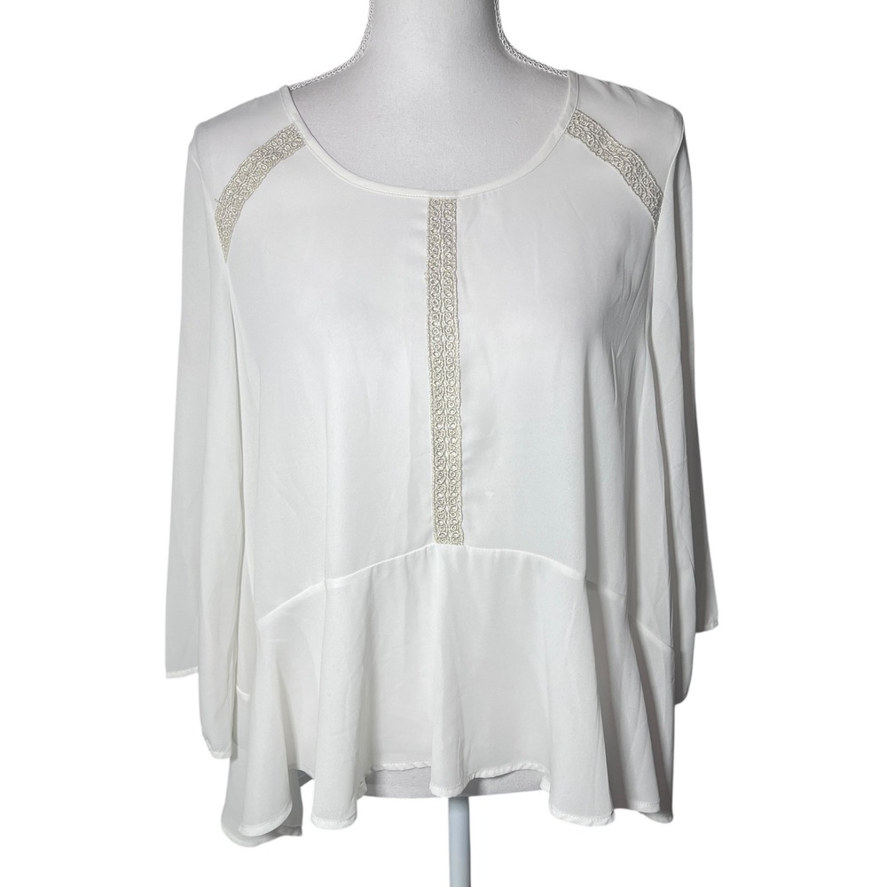 Francesca's Buttons Ivory Embellished Peplum Blouse Long Sleeve Top‎ Large NWT